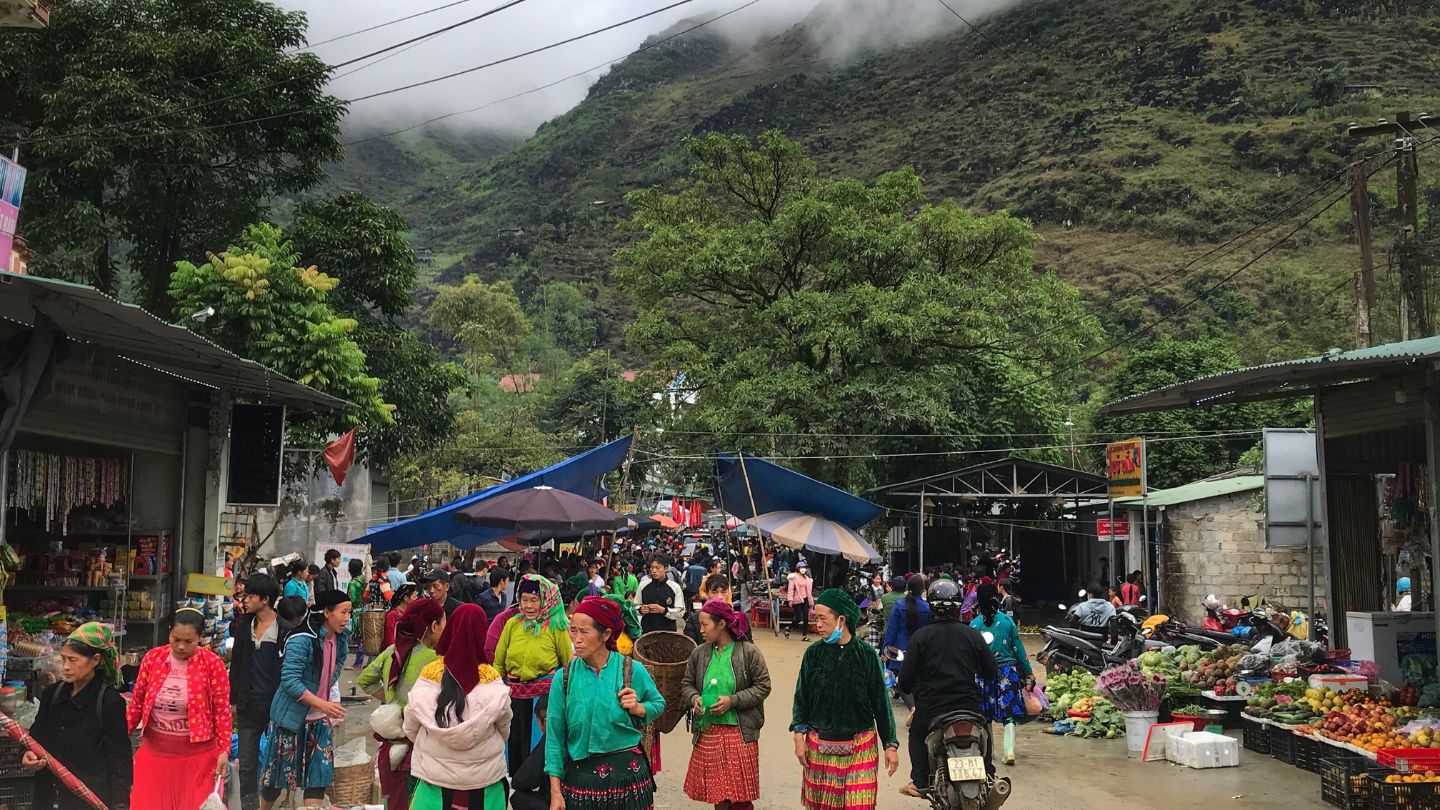 Locals shopping for fresh produce at Du Gia Market